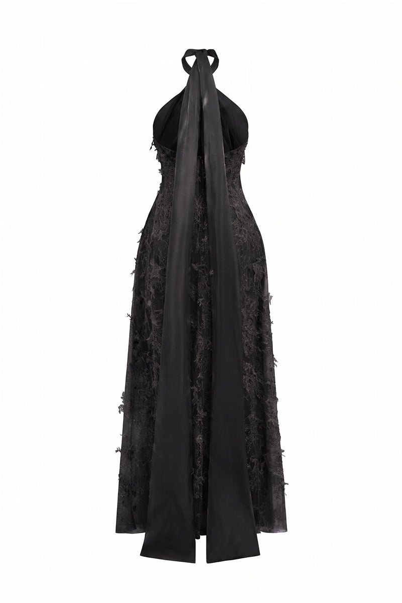 Black ALISA lace gown by 21Six, elegant floor-length dress with intricate lace details and a fitted silhouette.