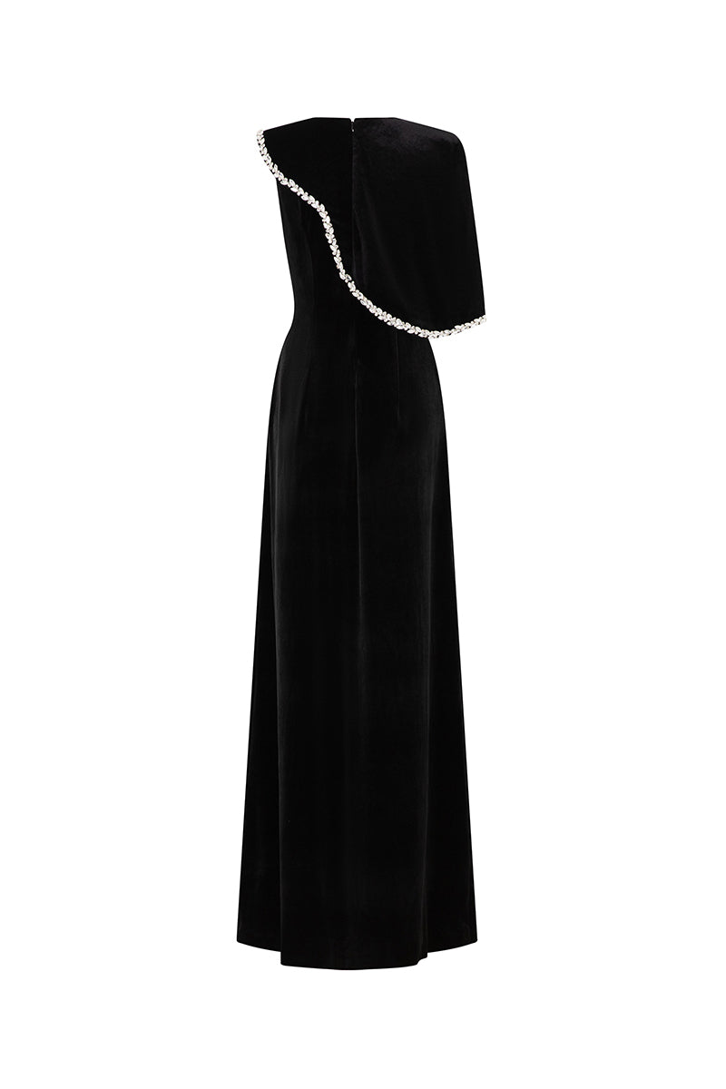 Valenciani black gown with gem-embellished trim cape dress, featuring elegant fabric and intricate detailing on the cape.