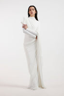 Deme By Gabriella Nadia White Draped Gown featuring elegant fabric and flowing design, perfect for formal occasions.