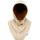 Beige balaclava hat by LE SH KA, close-up of the soft, snug fabric covering the head and neck for warmth and protection.