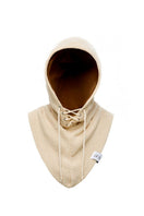 Beige balaclava hat by LE SH KA, close-up of the soft, snug fabric covering the head and neck for warmth and protection.