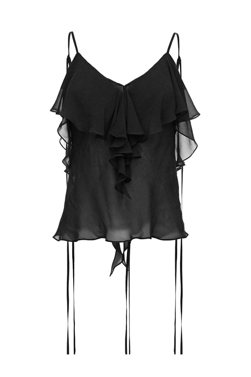 BLACK RUFFLE CHIFFON TOP - CULT MIA