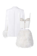 White Kiera Taffeta Feather Blazer Set by 21Six, featuring a stylish feather-embellished blazer and matching co-ord pants.