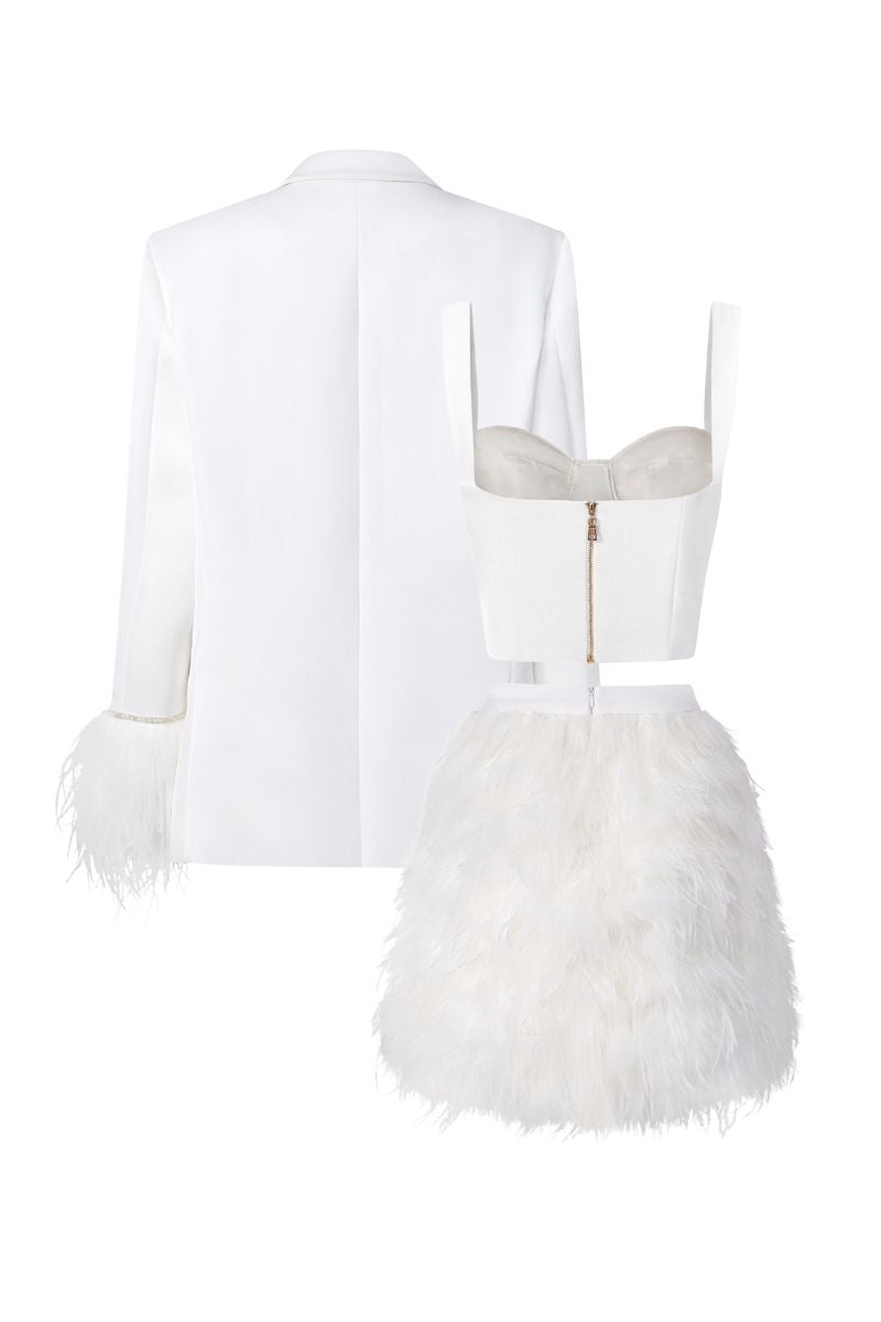 White Kiera Taffeta Feather Blazer Set by 21Six, featuring a stylish feather-embellished blazer and matching co-ord pants.