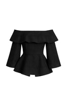 Black Ana + Maria Marena blouse, stylish women's tops, featuring a relaxed fit and elegant design, shown on a hanger.