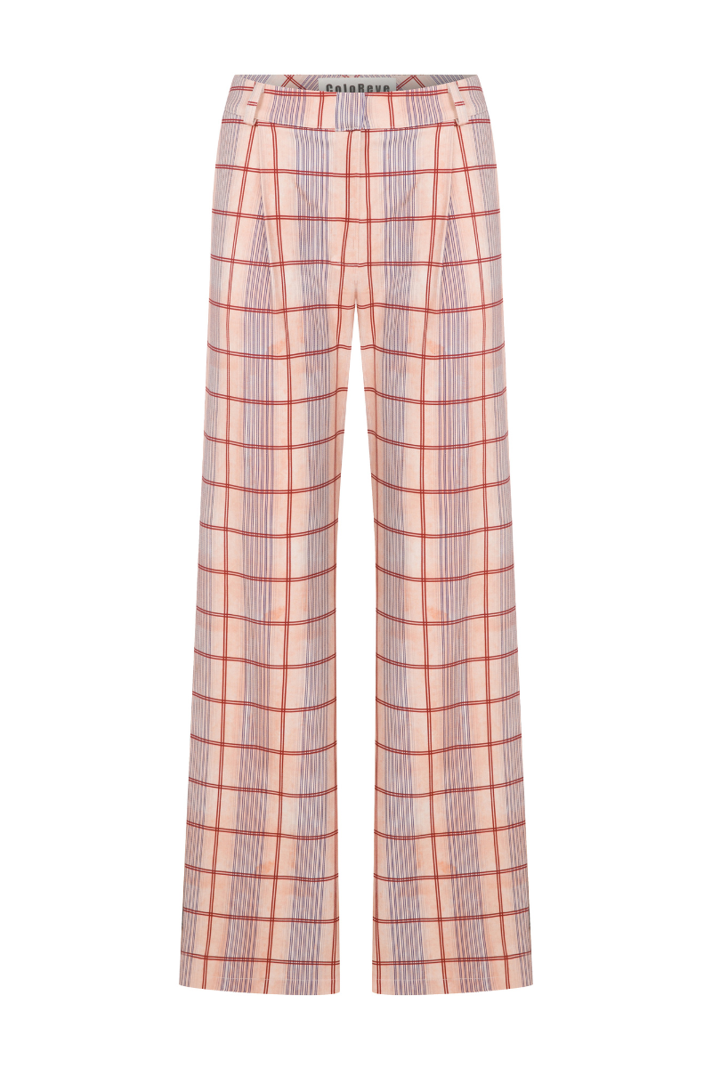 ColoReve printed salmon pink gabardine pants with tailored fit and subtle pattern, shown on a model.