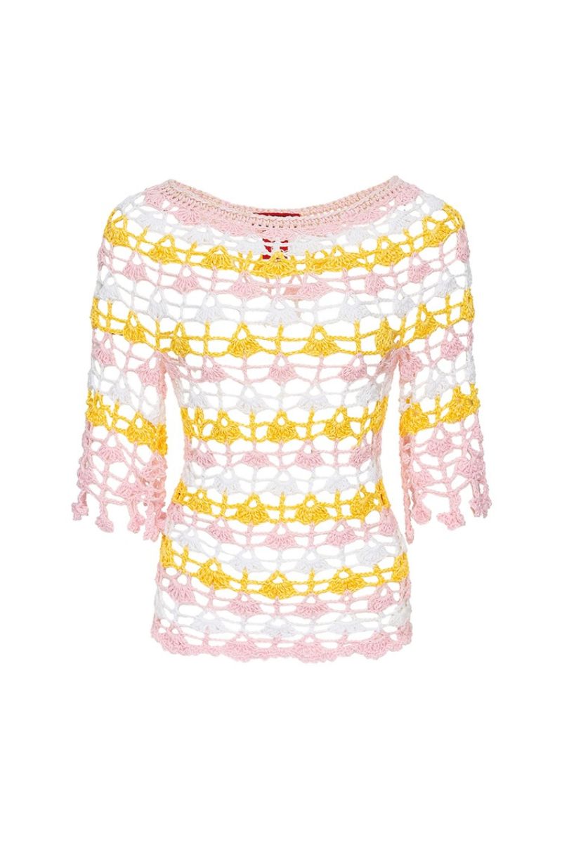Handmade pink and yellow crochet top featuring a bird of paradise design by Andreeva, perfect for stylish summer wear.