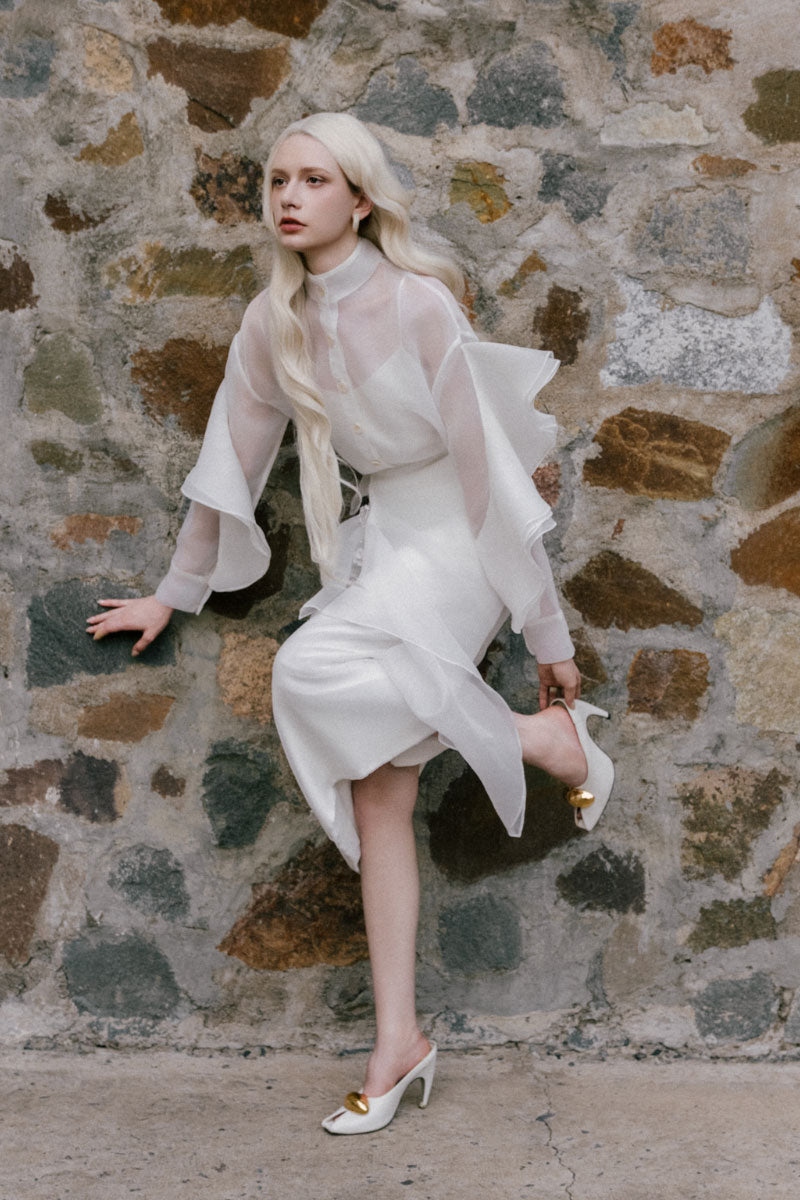 White Plan Lindsay shirt and bone co-ord skirt set, featuring a stylish white shirt paired with a matching bone skirt.