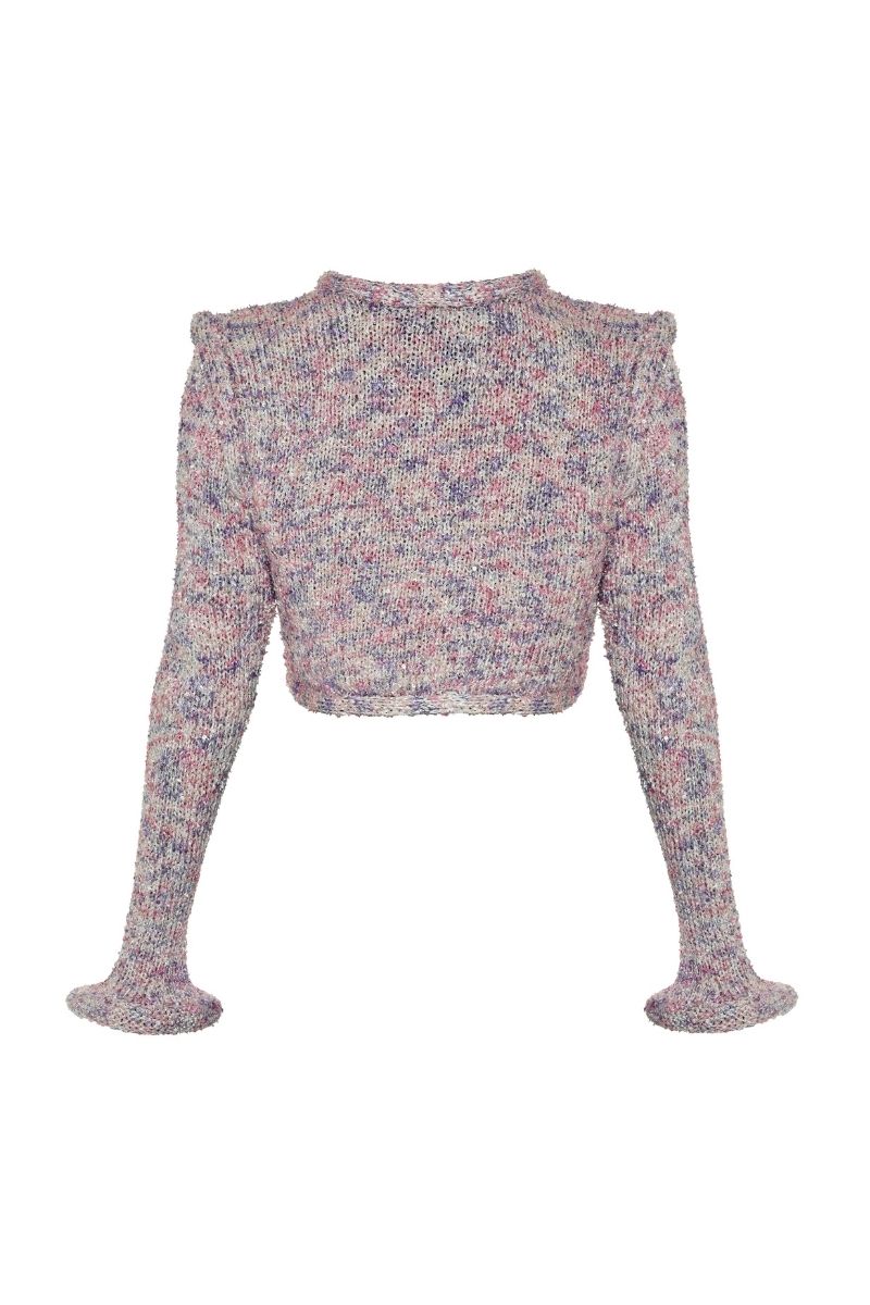 Lalo Sirena pink cardigan, soft knit with long sleeves and button front, styled on a hanger against a neutral background.