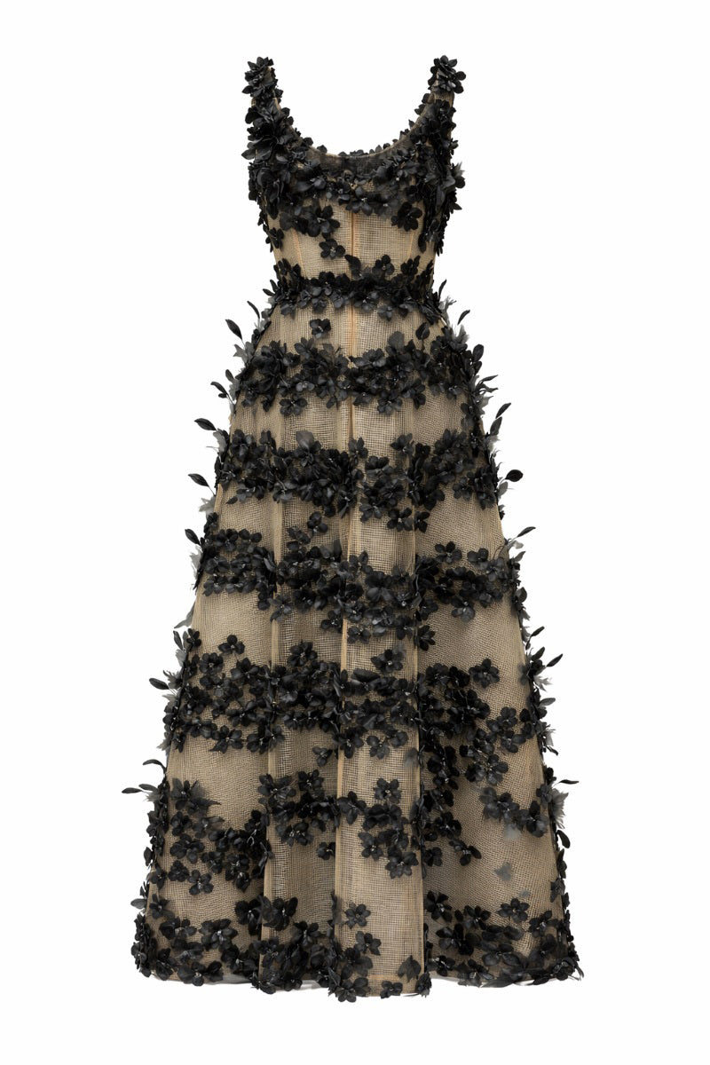 Black Alessia silk taffeta and tulle gown by 21Six, featuring elegant flowing fabric and intricate design details.