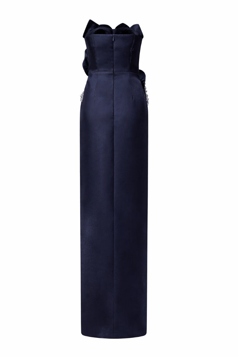 Dark navy Sirena Water Silk Taffeta gown by 21Six, featuring elegant fabric and a flowing silhouette.