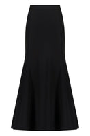 Black crepe mermaid maxi skirt by Lili Blanc featuring a fitted silhouette and elegant flowing design.