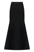 Black crepe mermaid maxi skirt by Lili Blanc featuring a fitted silhouette and elegant flowing design.