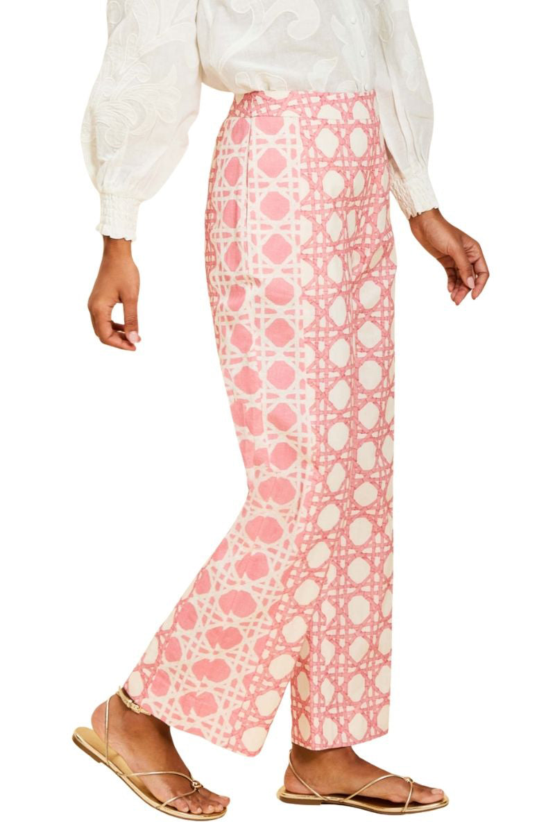 Mestiza New York Wylie Pant in lattice blush fabric, showing stylish design and fit on a model.