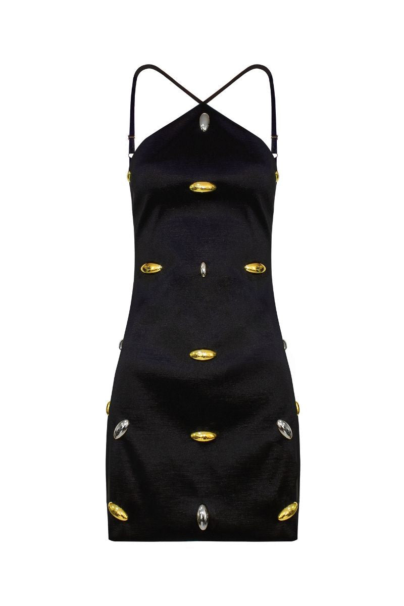 Black ZULEMA mini dress by LEDIEL, featuring a fitted silhouette and stylish design, displayed on a mannequin.