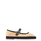 Flabelus Theodora Mary Jane flats in beige velvet with black piping, featuring a classic strap and rounded toe.