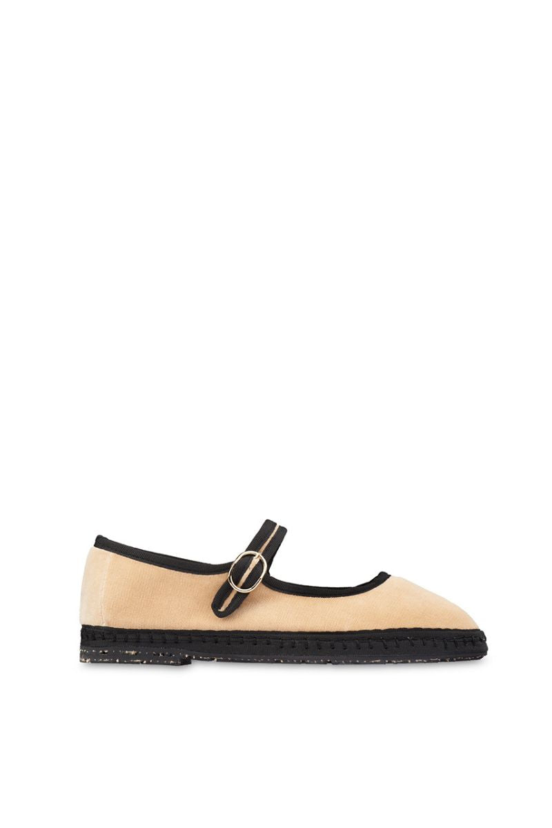 Flabelus Theodora Mary Jane flats in beige velvet with black piping, featuring a classic strap and rounded toe.