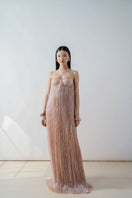 Elegant champagne pleated bustier maxi dress by Doc Ban featuring a sleek column silhouette and flowing fabric.