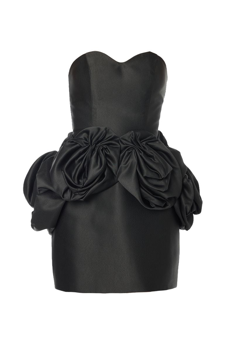 JUNO JET BLACK DRESS WITH ROSE WAIST SASH - CULT MIA
