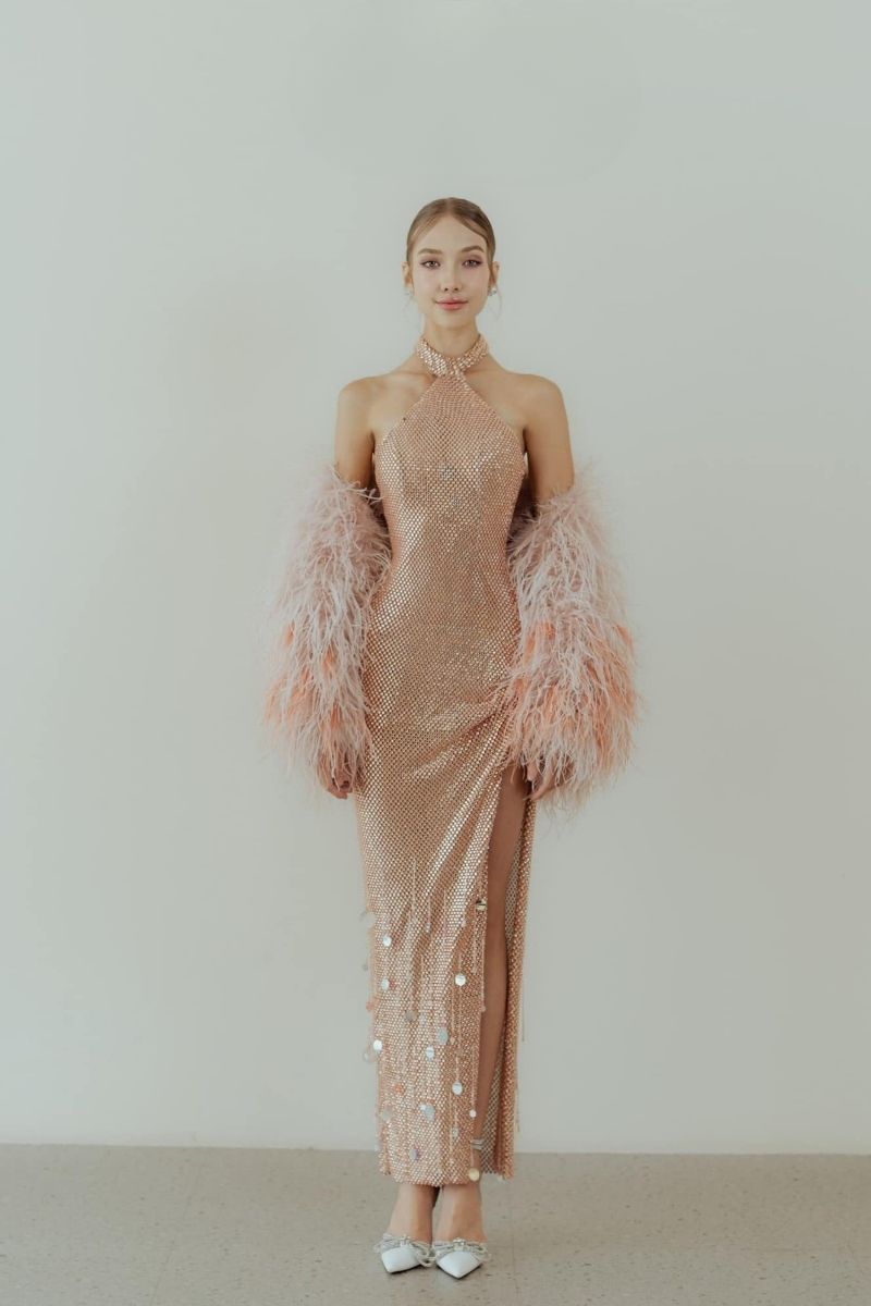 ROSE GOLD SPARKY HALTERNECK MAXI DRESS | CULT MIA | HACCHIC COUTURE ROSE GOLD SPARKY HALTERNECK MAXI DRESS | CULT MIA | HACCHIC COUTURE