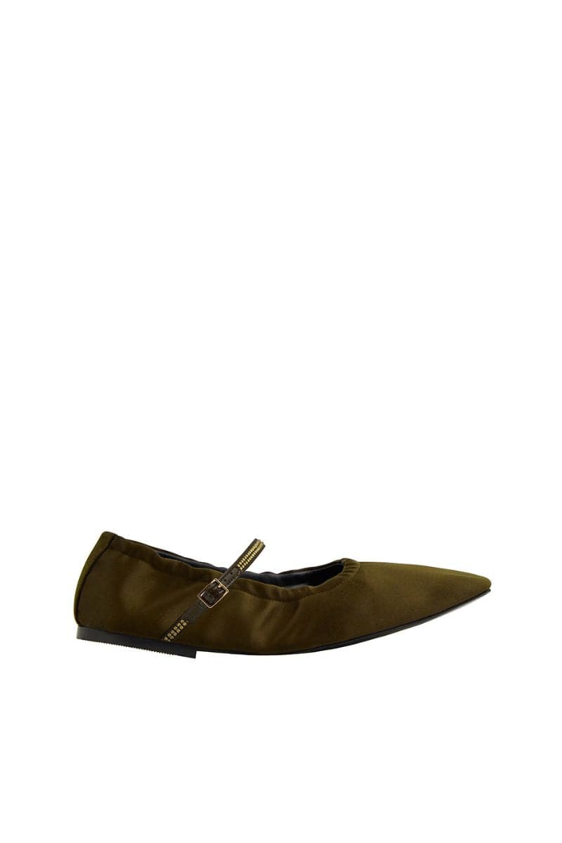 AURA Gold Crystal Military Satin Ballerina Flats by AERA featuring gold crystals and satin material with a sleek, elegant design.
