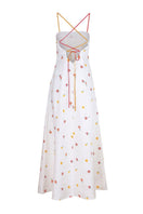 Colorful rainbow cherry print maxi dress by Estefania with flowy fabric and sleeveless design, perfect for summer wear.