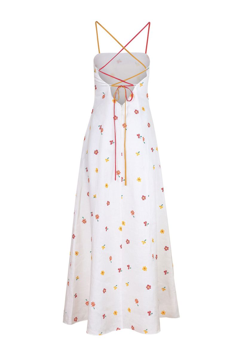 Colorful rainbow cherry print maxi dress by Estefania with flowy fabric and sleeveless design, perfect for summer wear.