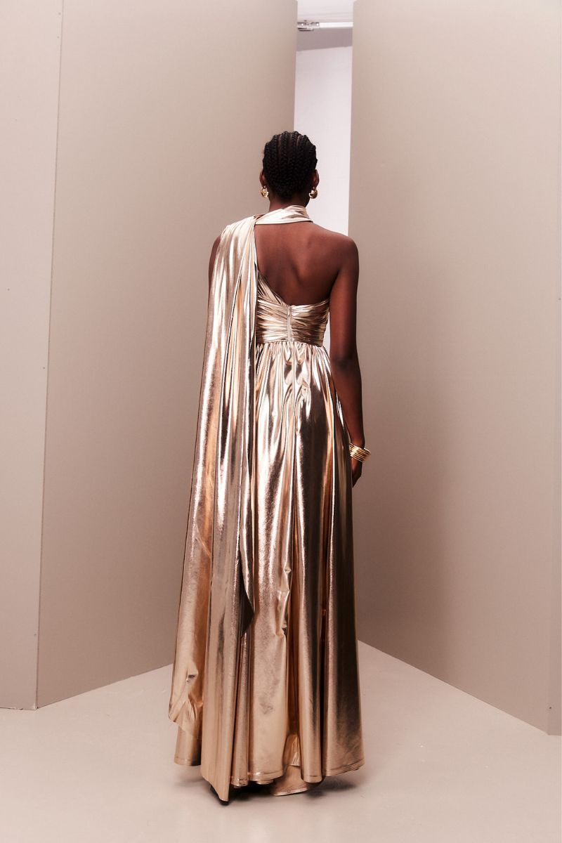 ROSE GOLD METALLIC DRAPED ASYMMETRIC GOWN - CULT MIA