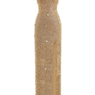 Kroon gown in gold by Khanum's featuring elegant fabric and intricate details, shown on a mannequin.