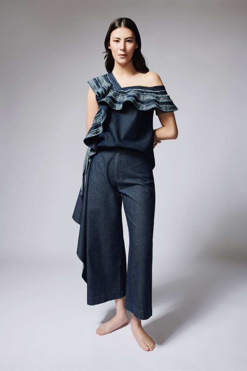 ASYMMETRIC FLAIR DENIM TOP IN BLUE - CULT MIA
