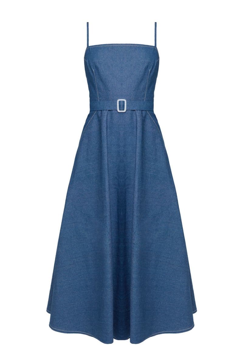MATISSA BLUE DENIM RETRO CIRCLE SKIRT MIDI DRESS - CULT MIA