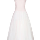 Light pink Cynthia maxi dress by Chictopia, flowing fabric with a fitted waist and elegant design, shown on a model.