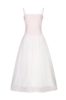 Light pink Cynthia maxi dress by Chictopia, flowing fabric with a fitted waist and elegant design, shown on a model.