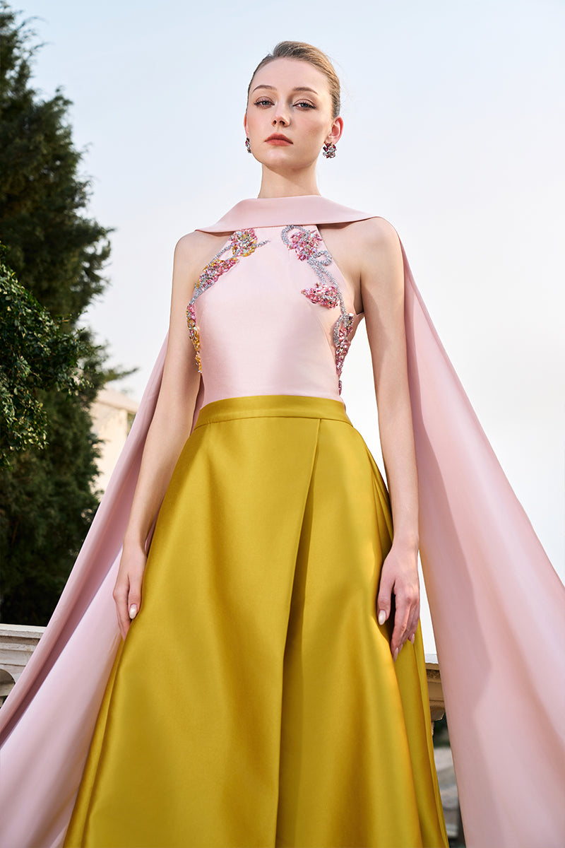 Pink and yellow bamboo taffeta gown by Tracy Studio, featuring a flowing design and elegant fabric details.