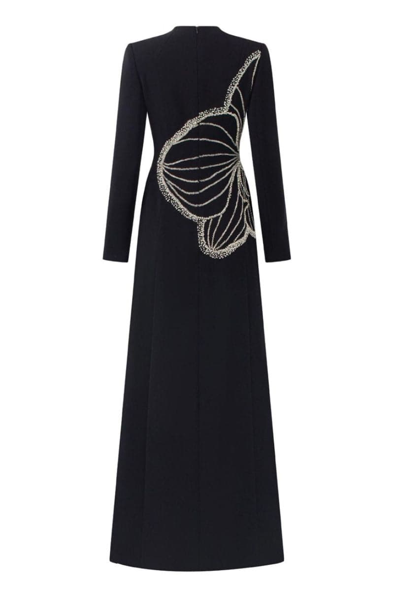 BLACK HIGH NECK ORCHID EMBELLISHED GOWN - CULT MIA