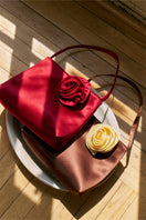 Red Tuscan Rose silk handbag by Not Just Pajama, stylish shoulder bag with elegant design and silk fabric.