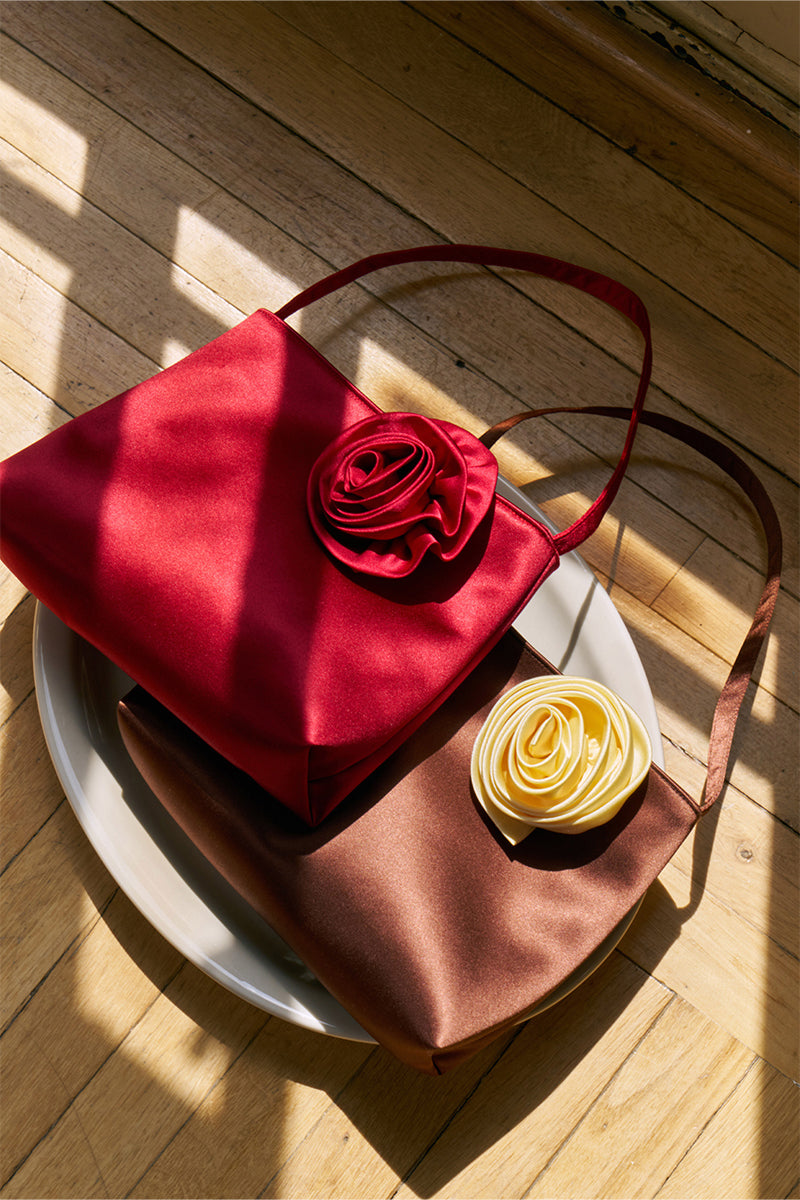 Red Tuscan Rose silk handbag by Not Just Pajama, stylish shoulder bag with elegant design and silk fabric.