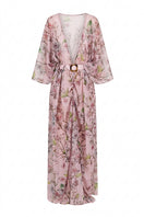 Nur Karaata Island Mirage cover-up, lightweight and flowing fabric, with tropical print and open front design.