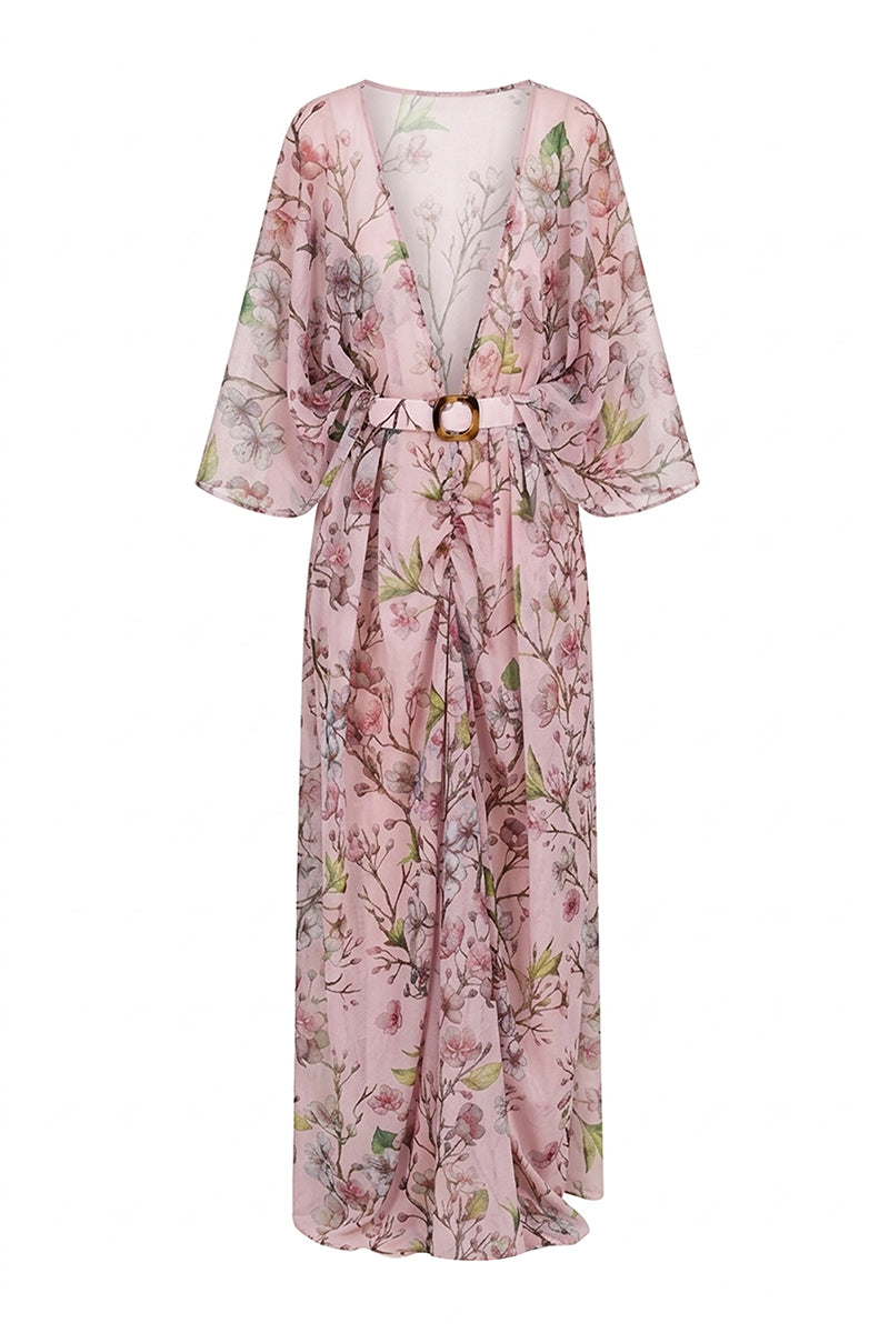 Nur Karaata Island Mirage cover-up, lightweight and flowing fabric, with tropical print and open front design.