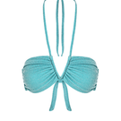 Bright turquoise Suncillo Virna sparkly bikini top with shimmering fabric and adjustable straps, perfect for beachwear.