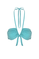 Bright turquoise Suncillo Virna sparkly bikini top with shimmering fabric and adjustable straps, perfect for beachwear.
