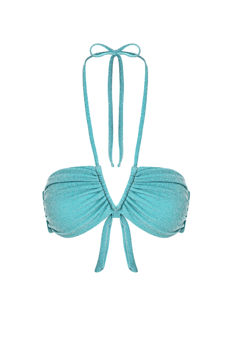 Bright turquoise Suncillo Virna sparkly bikini top with shimmering fabric and adjustable straps, perfect for beachwear.