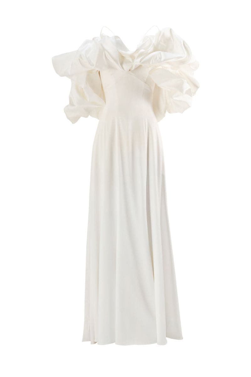 MINIMALISTIC SIMPLE GOWN WITH REMOVABLE MERINGUE FLOUNCES TRAIN - CULT MIA