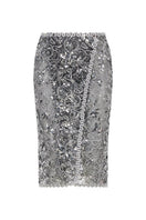 Silver embroidered midi skirt by Mirel Prentice featuring intricate embroidery and a flowing midi length.