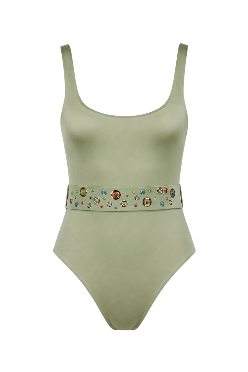 Maliluha LA MER mint one-piece swimsuit displayed on a model, featuring a sleek design and vibrant mint green color.