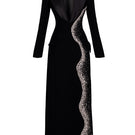 Black deep V-neck tailored sheath gown by GVLUX, featuring a fitted silhouette and elegant design for formal occasions.