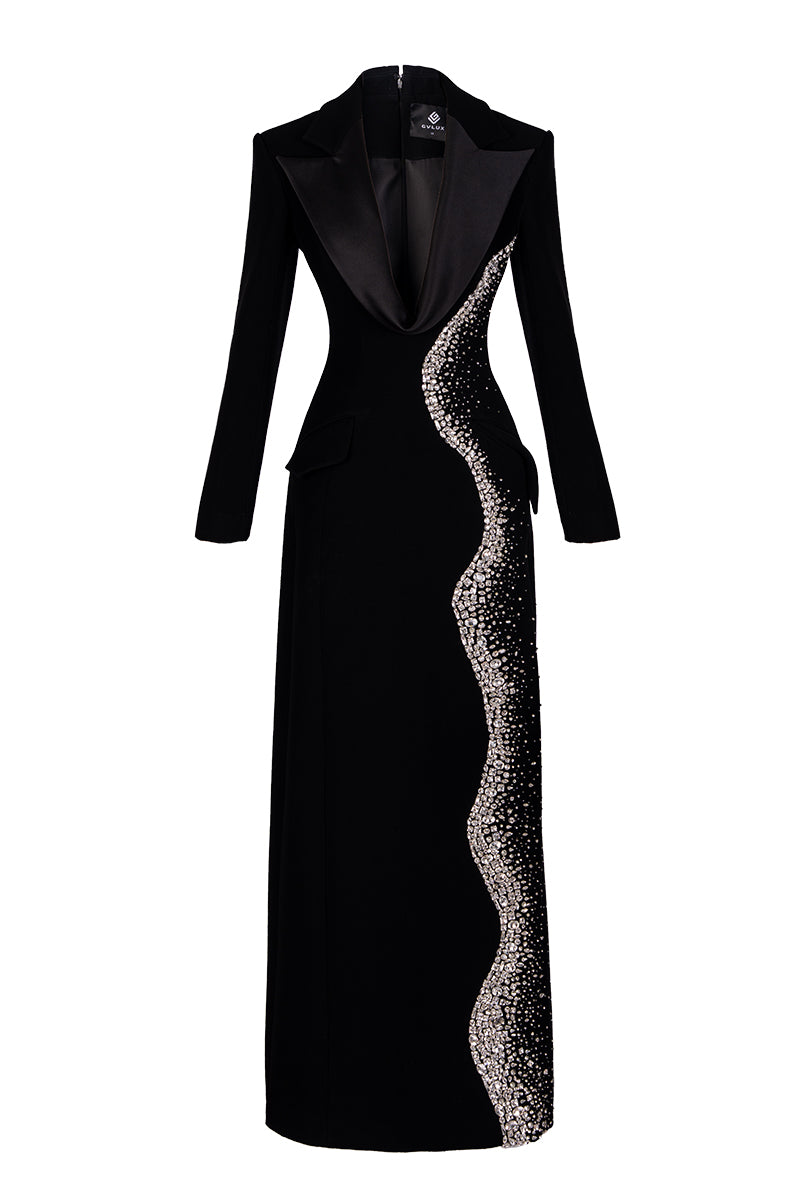 Black deep V-neck tailored sheath maxi dress by GVLUX featuring a fitted silhouette and elegant design.