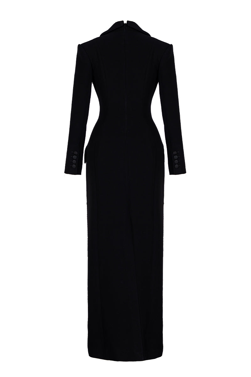 Black deep V-neck tailored sheath maxi dress by GVLUX, shown on a model with a fitted silhouette and elegant design.