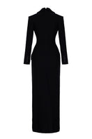 Black GVLUX deep V-neck tailored sheath gown with sleek, fitted silhouette and long sleeves, ideal for elegant occasions.