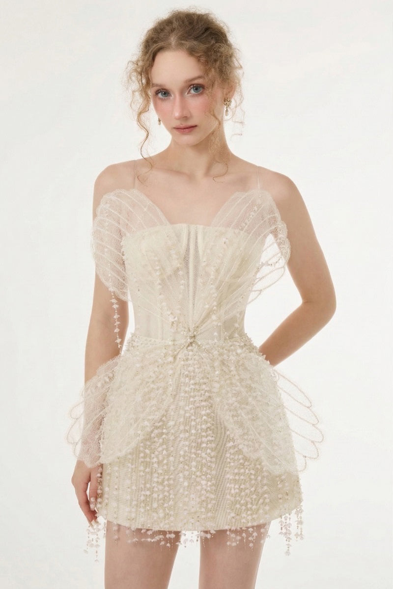 White Sabrina lace and tulle mini dress by 21Six, featuring delicate lace details and a flowy tulle skirt.